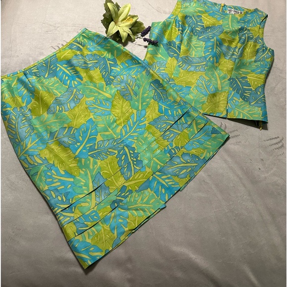 VINTAGE KASPER A.S.L. Petite SILK 2 PC SKIRT AND TOP SET TROPICAL DESIGN SIZE 2 - Picture 14 of 14